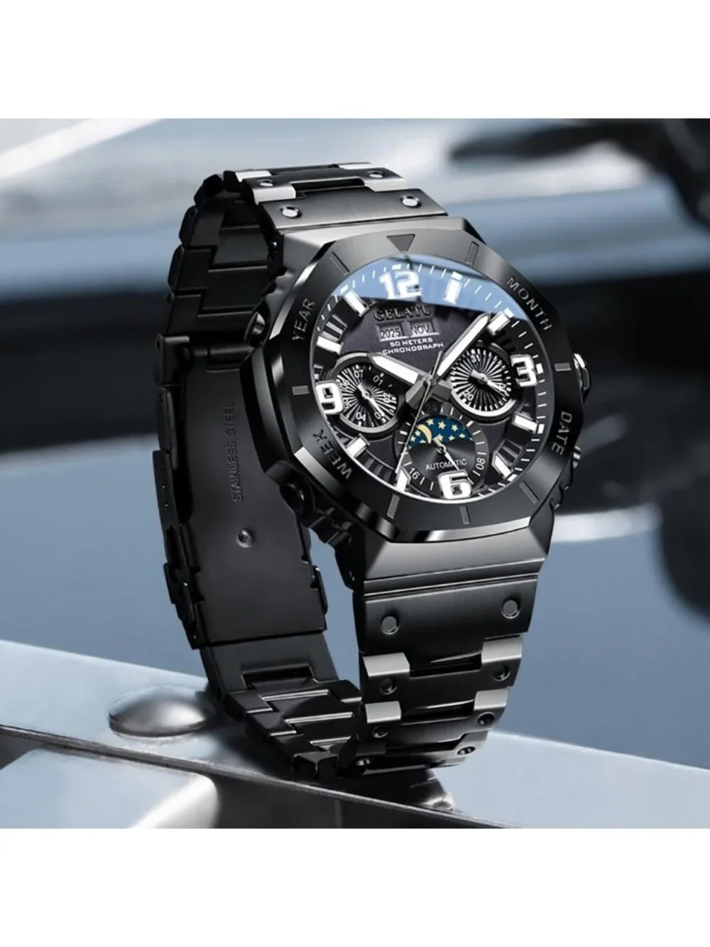 Men's Black & White Automatic Mechanical Multi-Function Chronograph Luxury Watch